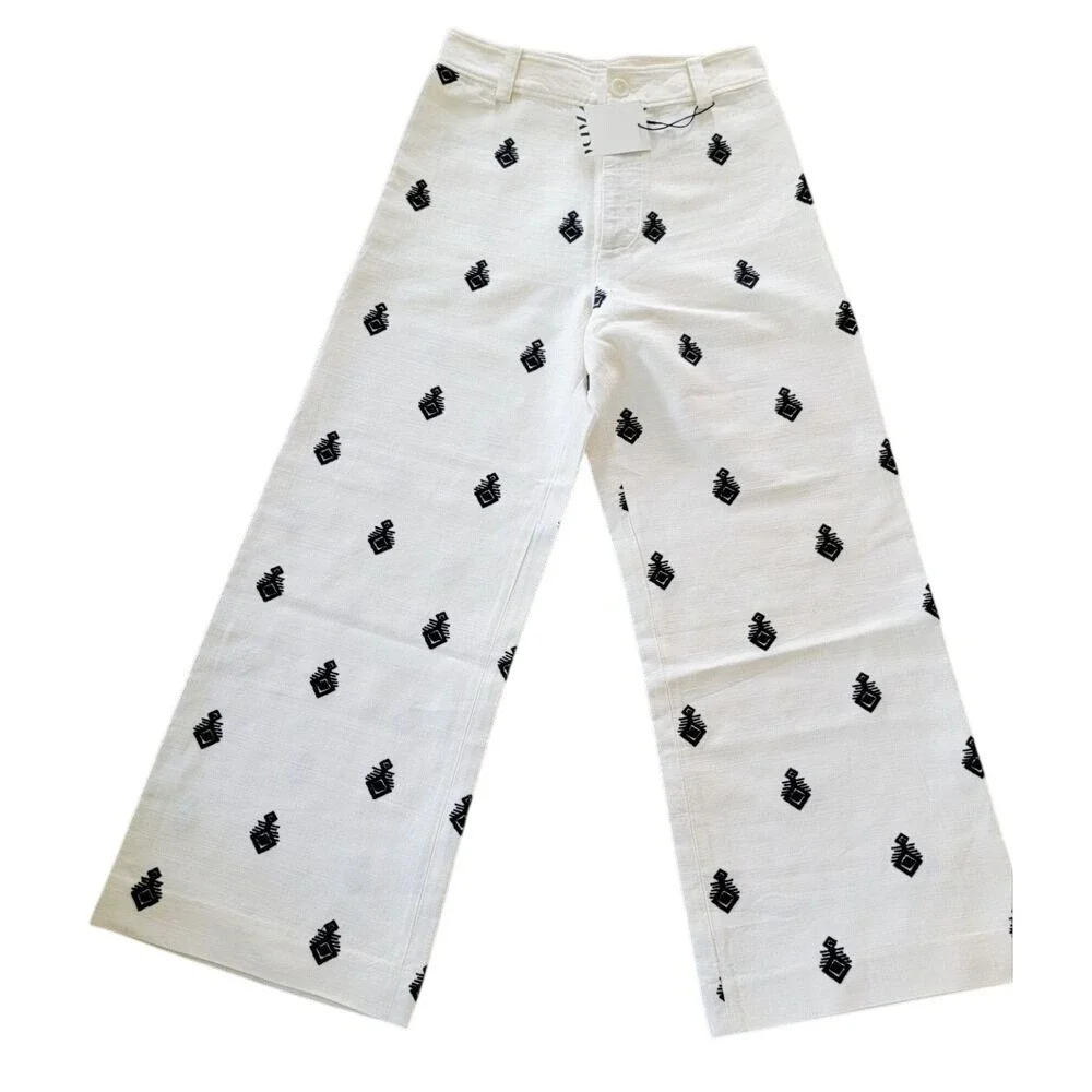 Zara Women's XS Embroidered Linen Wide Leg Pants Eggshell White Black NWT
